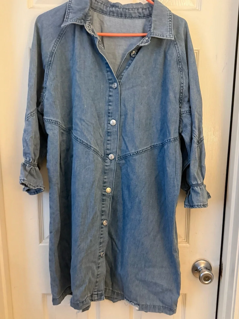 Light Blue Denim Mini Shirt Dress with Button Front - Picture 4 of 5